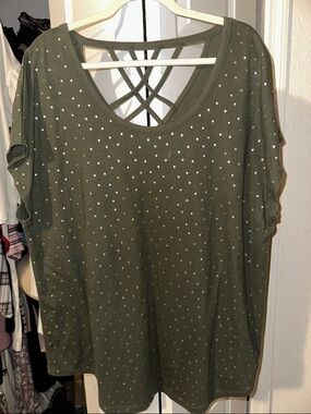 Lane Bryant Olive Green Studded Crisscross Back Tee